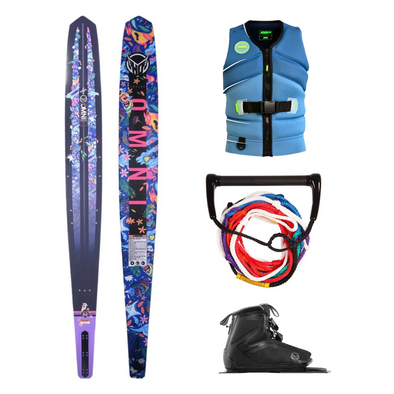 Pack HO Ski Acuático Future Omni Jungle 65" Con Fijaciones Stance 130, Chaleco Salvavidas Neopreno Mujer Azul Y Cuerda