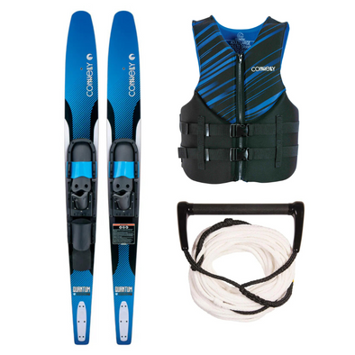 Pack Connelly Par Ski Acuático Quantum 68 con Fijaciones Ajustable, Chaleco Salvavidas Promo Neopreno Hombre Azul Y Cuerda