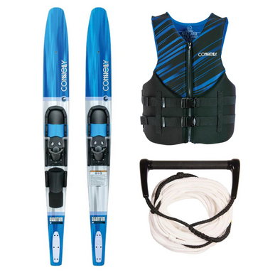 Pack Connelly Par Ski Acuático Quantum 68 con Fijaciones Ajustable, Chaleco Salvavidas Promo Neopreno Hombre Azul Y Cuerda