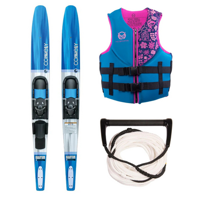 Pack Connelly Par Ski Acuático Quantum 68 con Fijaciones Ajustable, Chaleco Salvavidas Neopreno Pursuit Mujer Y Cuerda