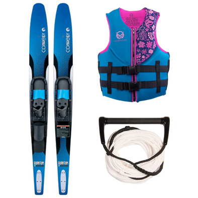 Pack Connelly Par Ski Acuático Quantum 68 con Fijaciones Ajustable, Chaleco Salvavidas Neopreno Pursuit Mujer Y Cuerda